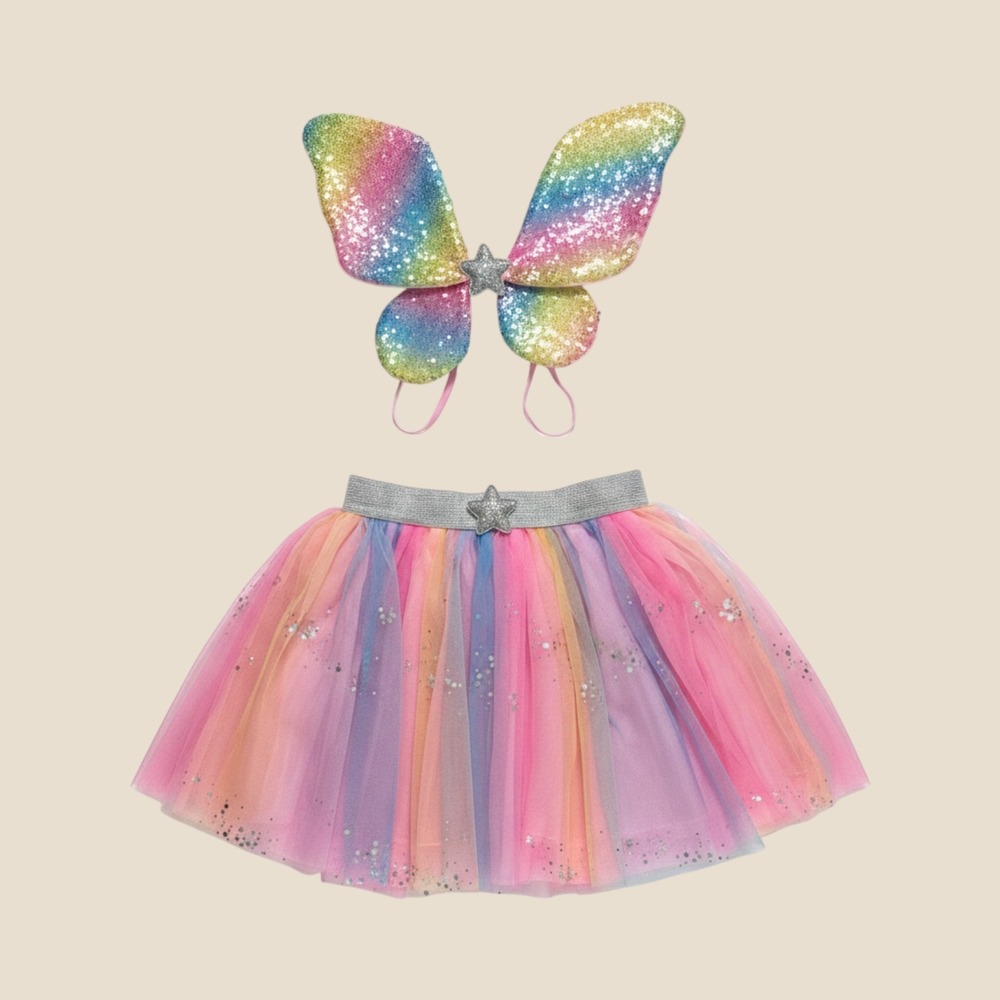 Great Pretenders Rainbow Butterfly Wings & Tutu Skirt Costume Set Kids Size 4-6